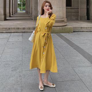 Button Long-sleeve Midi Dress