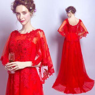 Embellished Cape-sleeve A-line Evening Gown