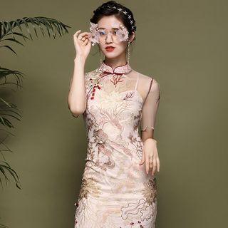 Short-sleeve Mesh Panel Floral Qipao