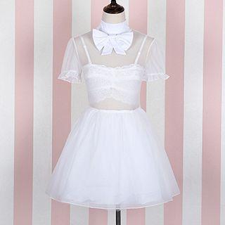 Bow Short Sleeve Mock Neck A-line Tulle Dress