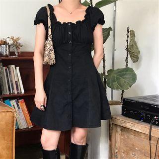 Ruffled Trim Plain Dress Black - One Size