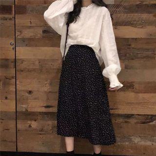 Long-sleeve Perforated Top / Midi Dotted A-line Skirt