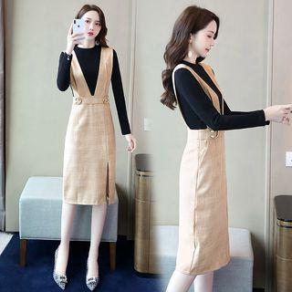 Set: Plain Long-sleeve T-shirt + Plaid Suspender Skirt