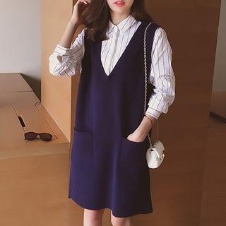 Set: Pinstriped Shirt + V-neck Knit Pinafore Dress