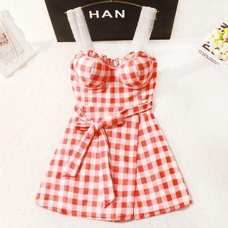 Mesh-sleeve Gingham Swimdress