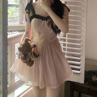 Bow Strap Faux Pearl A-line Dress