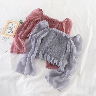 Square-neck Bell-sleeve Mesh Blouse