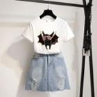 Set: Short-sleeve Embroidered T-shirt + Denim A-line Skirt