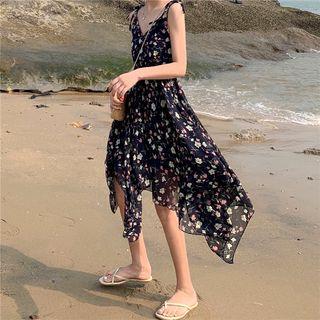Spaghetti-strap Floral Print Asymmetric Dress