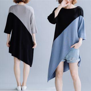 3/4-sleeve Color Block Asymmetric Knit Dress