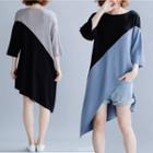 3/4-sleeve Color Block Asymmetric Knit Dress
