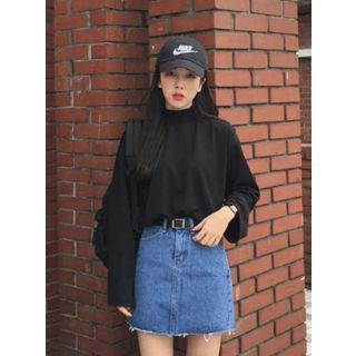 Zip-front Frayed Denim Mini Skirt