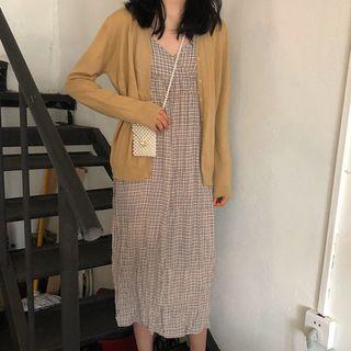 V-neck Plaid Midi Spaghetti Strap Dress / V-neck Cardigan