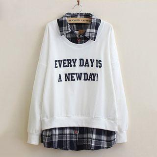 Lettering Plaid Panel Collared Pullover