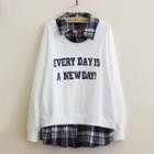 Lettering Plaid Panel Collared Pullover