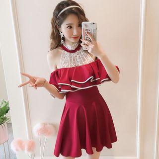 Cold-shoulder Mesh Panel Ruffled Swimdress