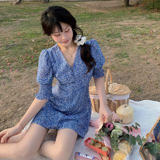 Puff-sleeve V-neck Floral Chiffon Dress