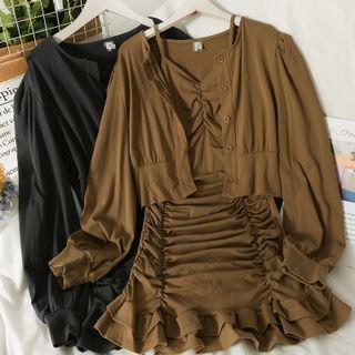 Set: Crew-neck Light Cardigan + Ruffle-hem Ruched Sleeveless Midi Dress