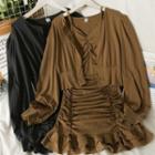 Set: Crew-neck Light Cardigan + Ruffle-hem Ruched Sleeveless Midi Dress
