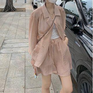 Double-breasted Plain Blazer / Drawstring Waist Wide Leg Shorts