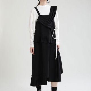 Set: Long-sleeve Blouse + Irregular Midi A-line Overall Dress