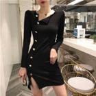 Long-sleeve Buttoned Mini Sheath Dress Black - One Size