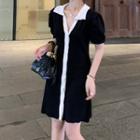 Striped Puff-sleeve Knit Polo Dress