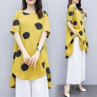Set: Elbow-sleeve Dotted T-shirt + Wide-leg Pants
