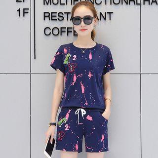 Set: Printed Short-sleeve T-shirt + Drawstring Shorts