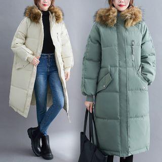 Furry-neck Hooded Padded Long Coat
