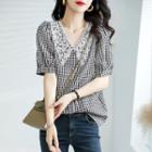 Elbow-sleeve Lace Panel Gingham Blouse