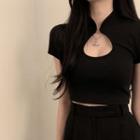 Mandarin Collar Cutout Short-sleeve Cropped T-shirt