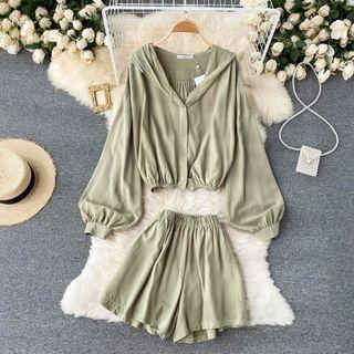 Set Of 2 : V-neck Hooded Cropped Jacket + Wide-leg Shorts