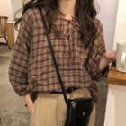 3/4-sleeve Plaid Blouse Plaid - Brown & Coffee - One Size