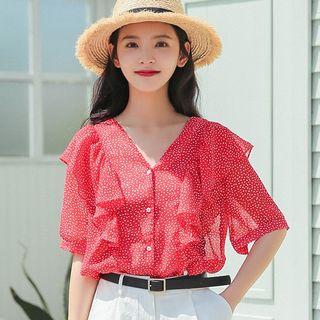 Dotted Short-sleeve V-neck Ruffle Chiffon Blouse