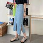 Slit-hem H-line Long Denim Skirt