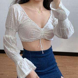 Cropped V-neck Embroidered Cut-out Shirt