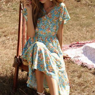 Floral Short-sleeve V-neck A-line Midi Dress