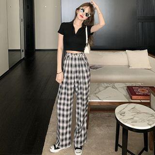 V-neck Knit Cropped Top/ High Waist Plaid Pants