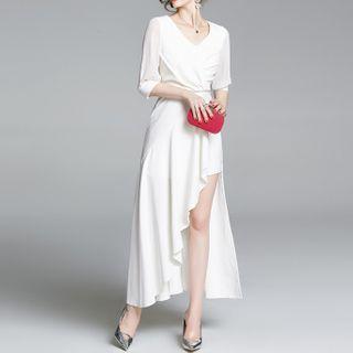 Plain Asymmetric Hem Midi A-line Dress