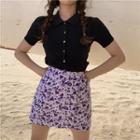 Short-sleeve Buttoned Knit Top / Heart Print A-line Skirt