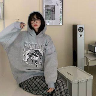 Lettering Print Hoodie / Plaid Crinkled Midi A-line Skirt