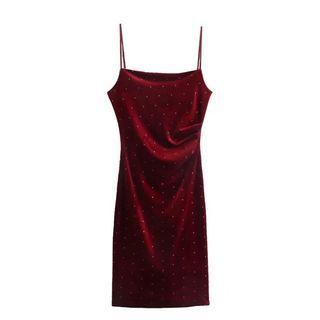 Spaghetti-strap Dotted Velvet Mini Bodycon Dress