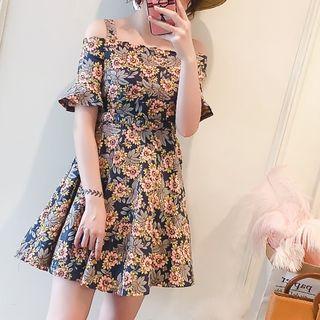 Short-sleeve Cold Shoulder Floral A-line Dress