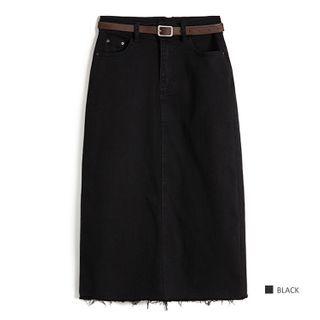 Fray Hem Midi Denim Pencil Skirt