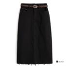 Fray Hem Midi Denim Pencil Skirt