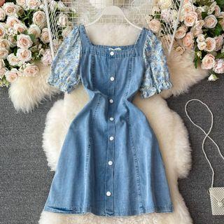 Floral Panel Short-sleeve Square-neck Denim Dress