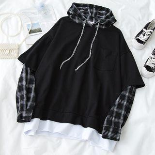 Long-sleeve Mock Two-piece Hooded Sweatshirt