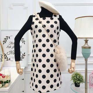 Set: Turtleneck Knit Top + Dotted Mini Pinafore Dress
