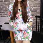 Set: Floral Print Zip Hoodie + Miniskirt